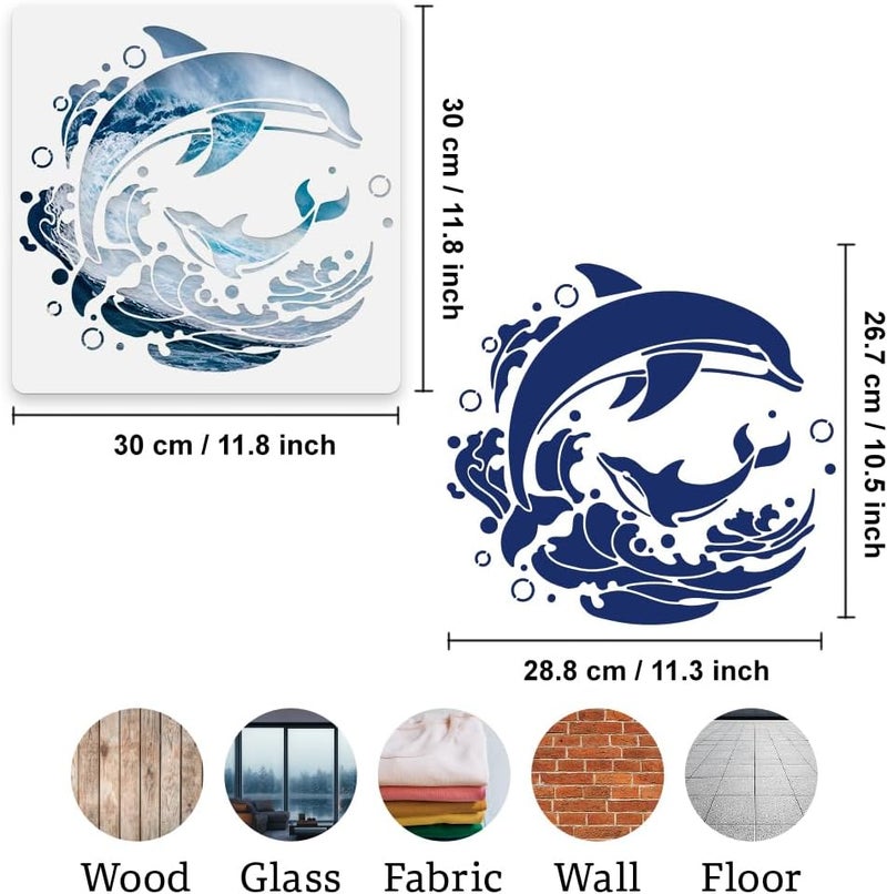 DOODLREAM Dolphin Wall Stencil Template 11.8 x 11.8 Inch Reusable Plastic Ocean Sea Creature Themed Stencil for Painting on Wood Wall Floor Fabric Glass DIY Home Decor - Image 2